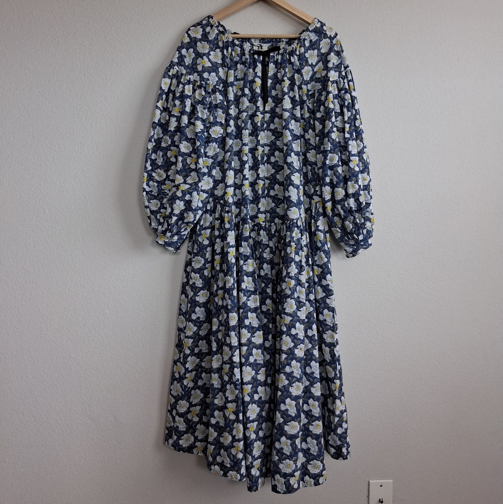 Aish Floral Block Print Balloon Sleeve Cotton Belted Maxi Dress - Picture 3 of 15